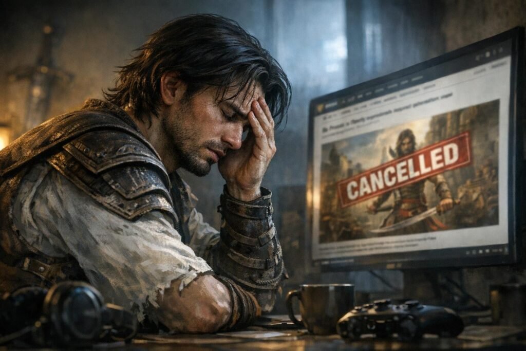 Armored man holds head beside cancelled game on monitor