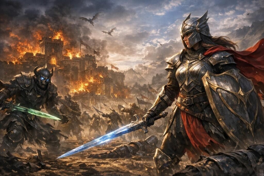 Armored warrior holds sword and shield near burning castle