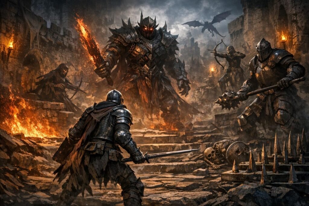 Armored knights battle fiery demon in burning ruins