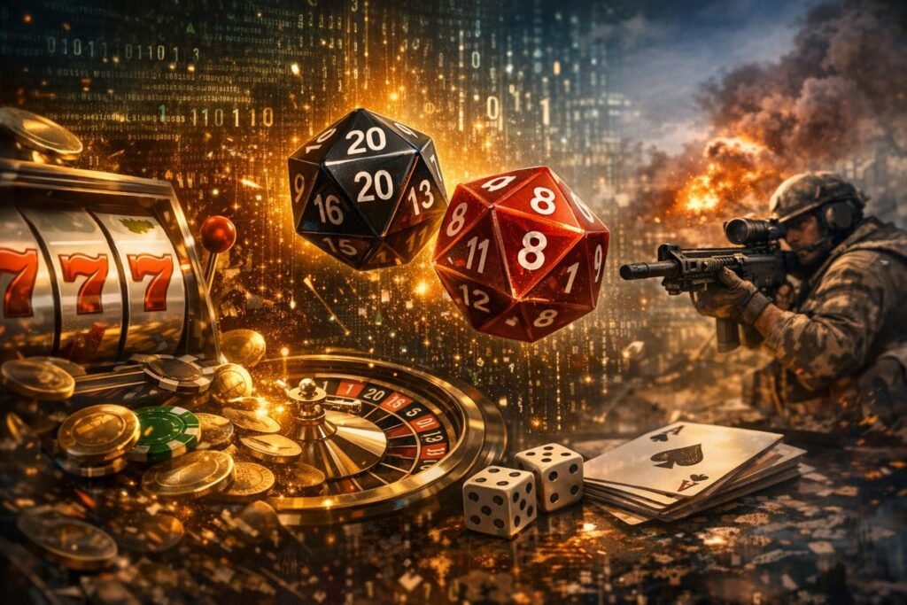 Soldier aims rifle beside casino dice and roulette table