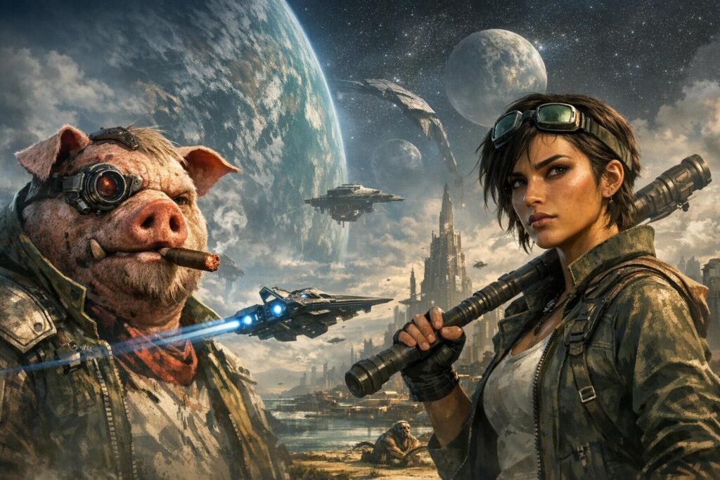 Woman holding bat beside pig in sci-fi city
