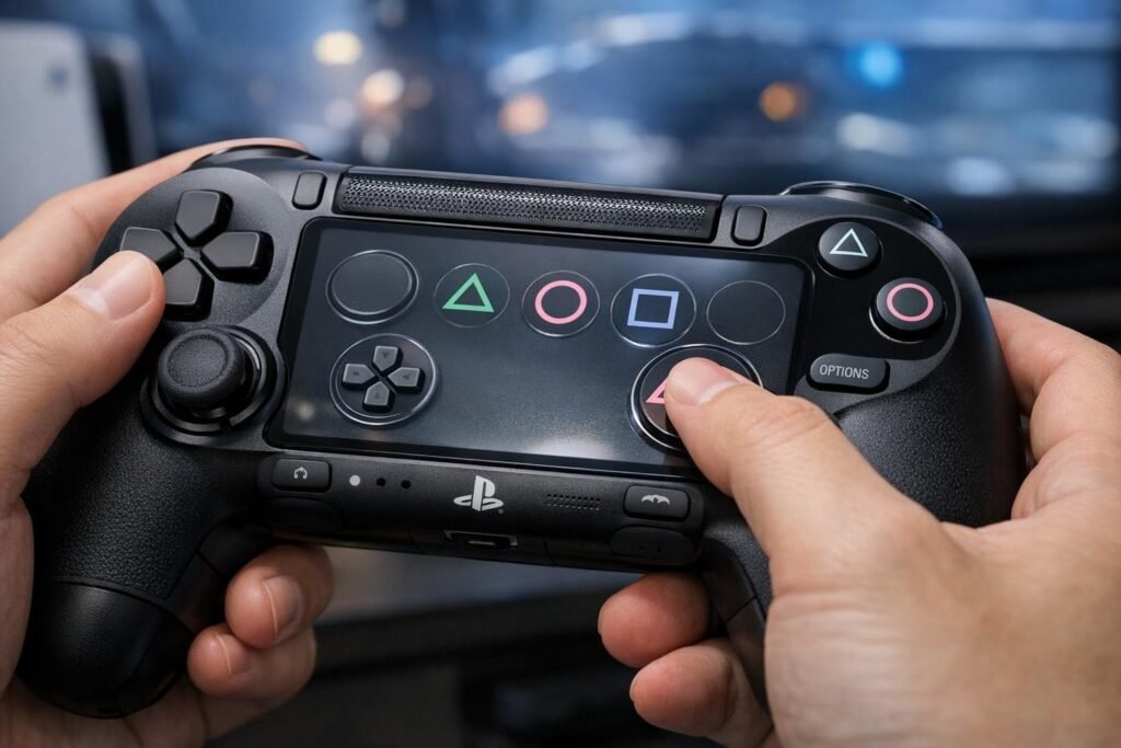 Hands holding PlayStation controller in front of TV