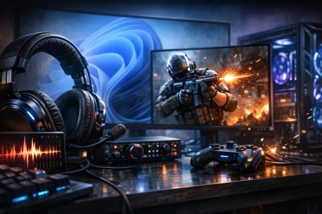 Gaming headset and controller on desk beside monitor