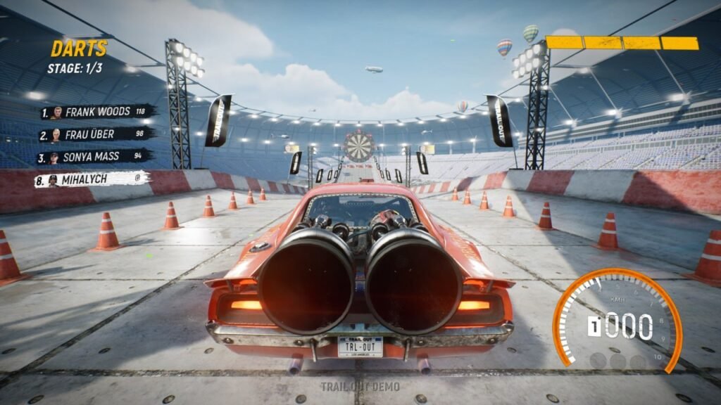 Red car accelerates toward dartboard in stadium, Trail Out