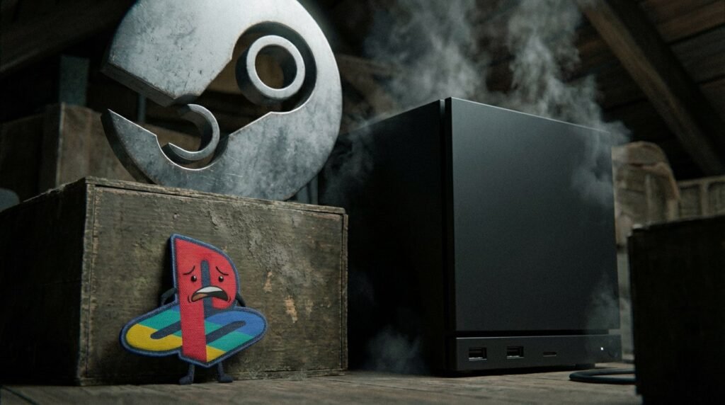 Steam logo beside black PC tower in attic