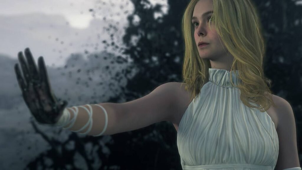 Blonde woman raises hand in dark smoky scene