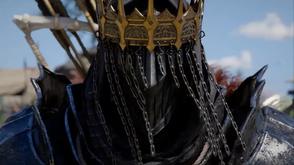 Armored knight wearing crown under blue sky