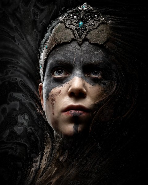 Senua from Hellblade stares forward in dark mist