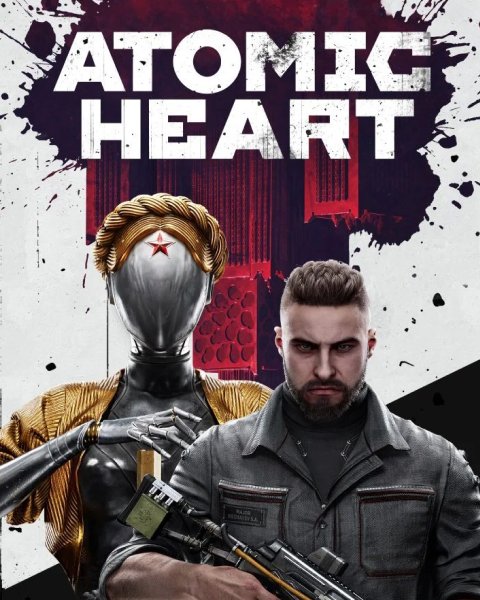 Atomic Heart characters pose with rifle under title text