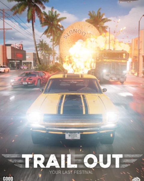 Yellow muscle car driving past explosion on city street