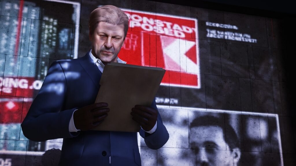 Man in blue suit reading folder by posters