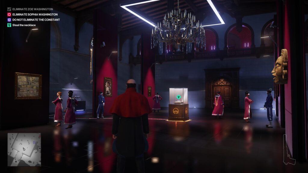 Hitman Agent 47 stands in museum gallery hall