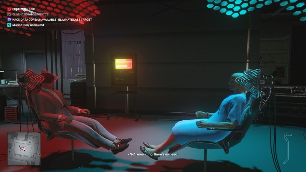 Two people recline in chairs with headgear indoors
