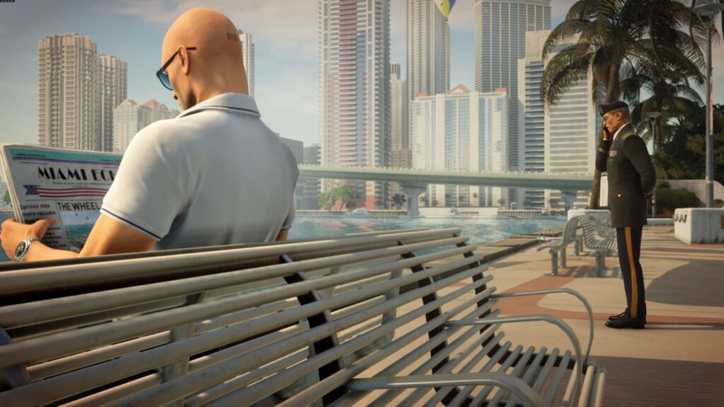 Agent 47 reads newspaper on waterfront bench in Miami