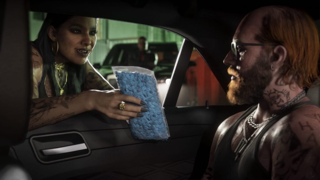 Woman hands blue bag to man in car