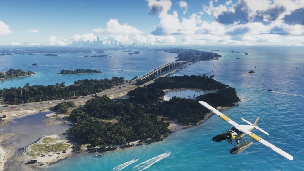 Seaplane flying over coastal bridge and islands