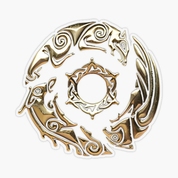 Gold circular emblem with dragon motifs on white background