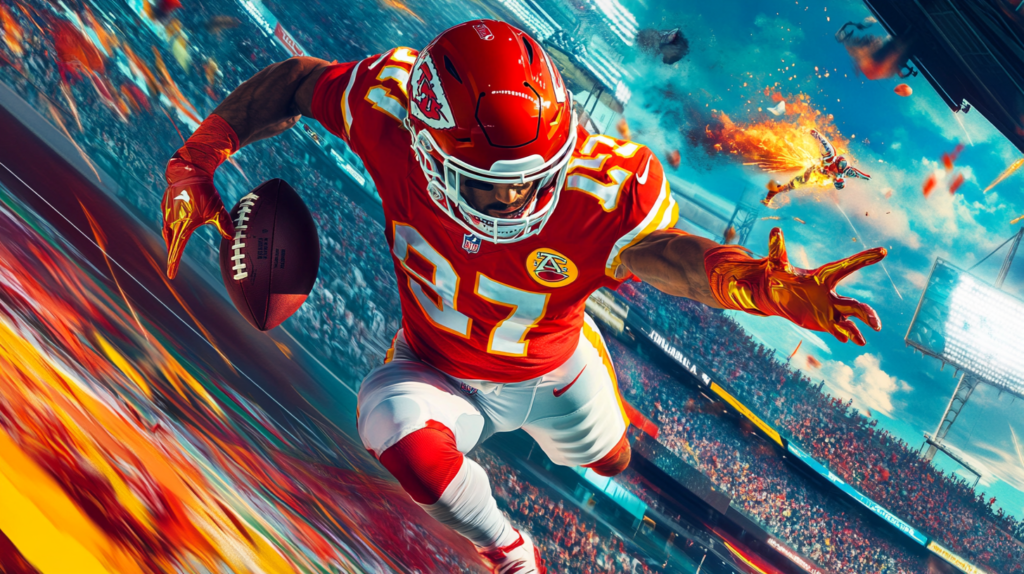 Kansas City Chiefs player runs with football in stadium