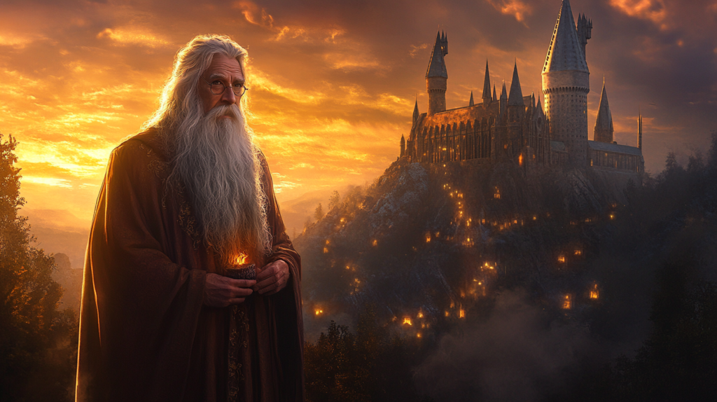 Albus Dumbledore holding wand near Hogwarts at sunset