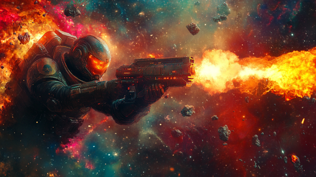 Armored space soldier firing gun in colorful nebula