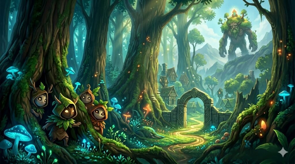Small hooded forest creatures peek from tree in forest