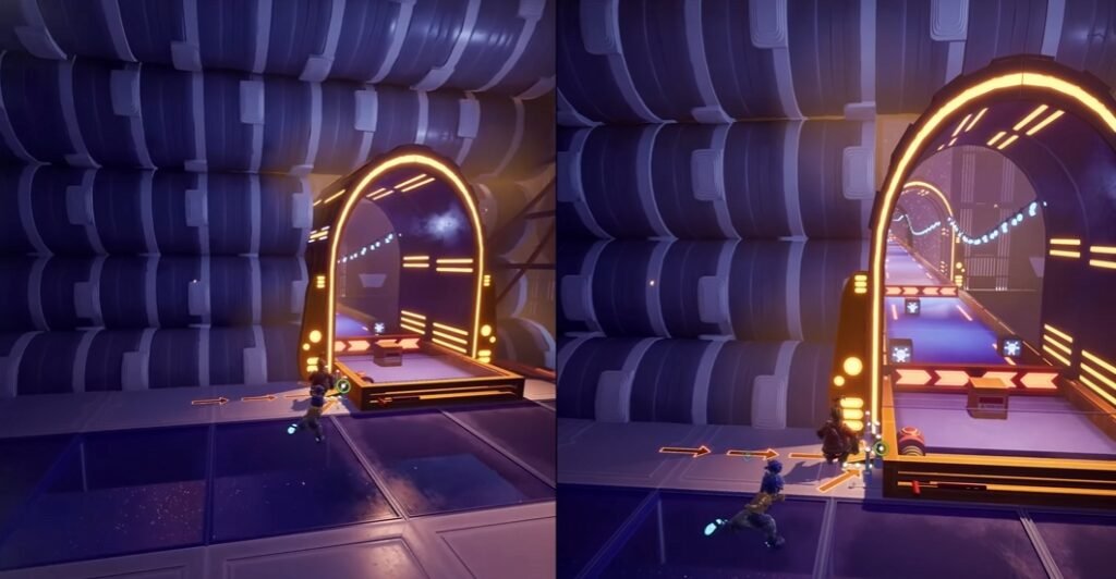 It Takes Two characters running through glowing sci-fi tunnel