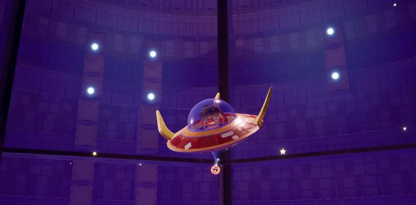 UFO hovering inside purple sci-fi chamber