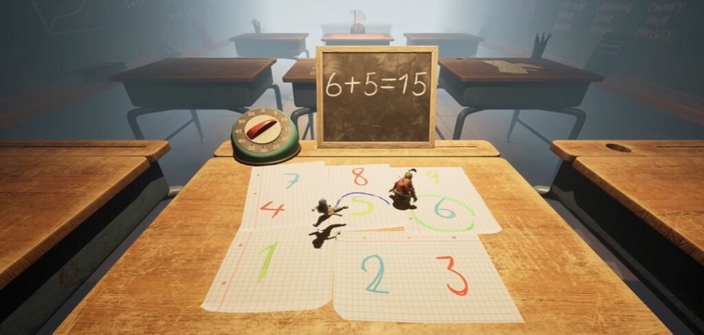 It Takes Two characters run on classroom desk paper