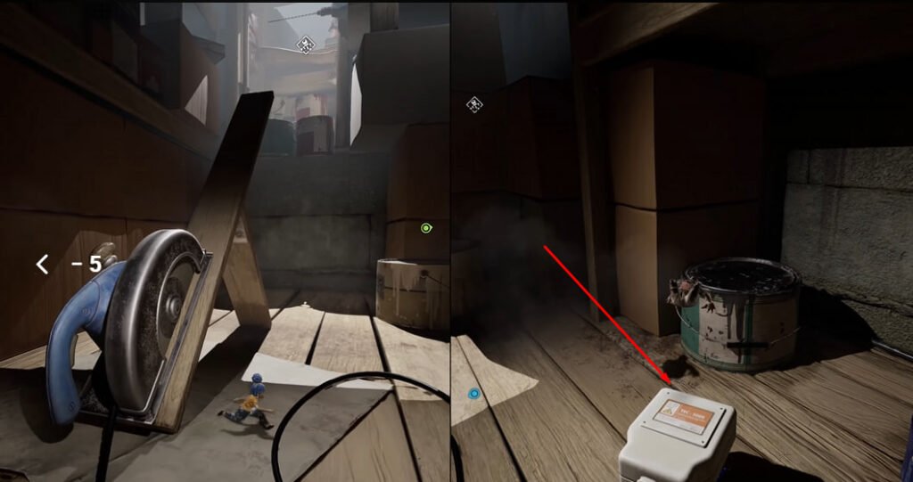It Takes Two characters beside saw in workshop area