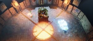 Green monster attacks heroes in chained dungeon arena