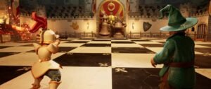 Knight and wizard facing chess pieces in castle hall