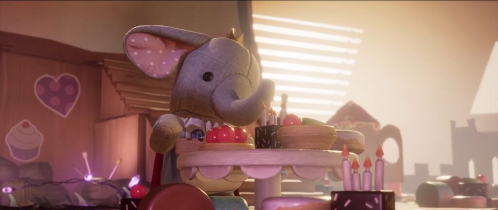Stuffed elephant sitting at table with cakes indoors