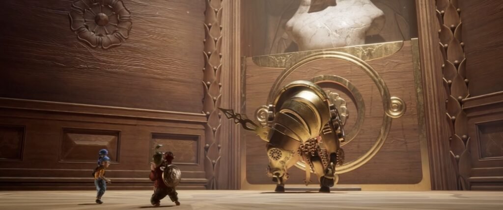 May and Cody face clockwork bull in wooden room