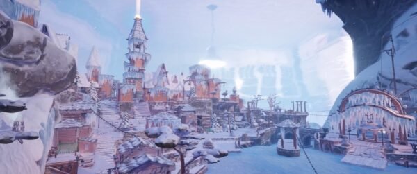 Snowy village with castle towers beside frozen river