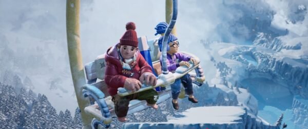 May and Cody ride ski lift over snowy mountains