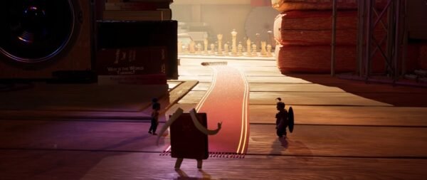 Toy figures walking beside red track on wooden floor