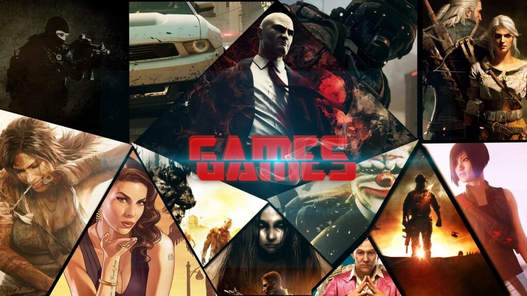 Video game character collage with red GAMES text