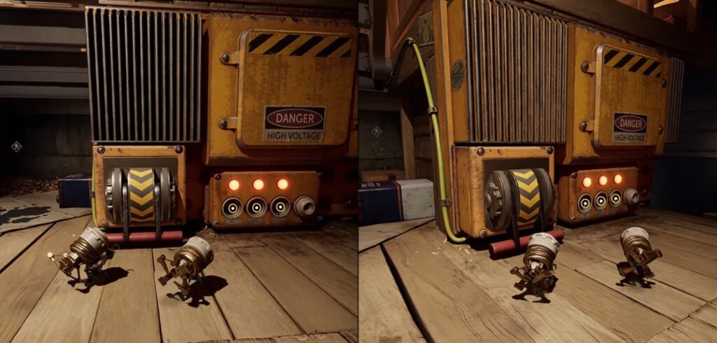 Two small robots facing yellow high-voltage machine indoors