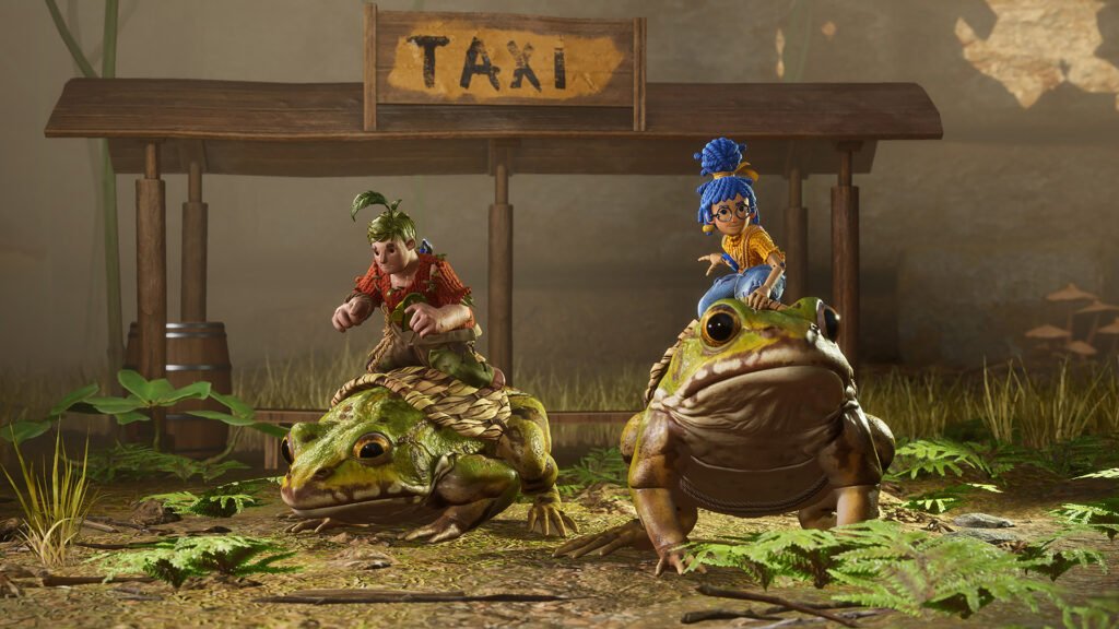 Cody and May riding frogs near taxi stand in It Takes Two