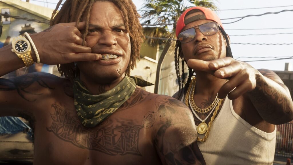 Two tattooed men posing in street setting