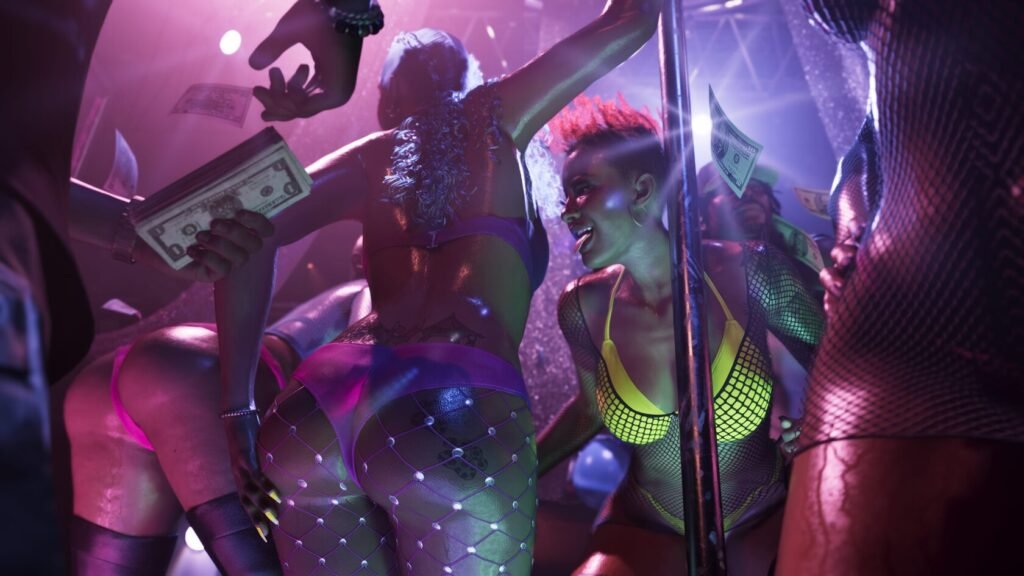 Dancers perform at nightclub stage with money flying