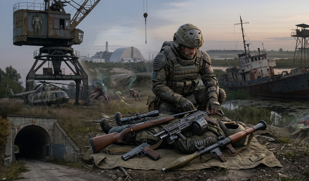 Soldier kneeling by weapons in wasteland