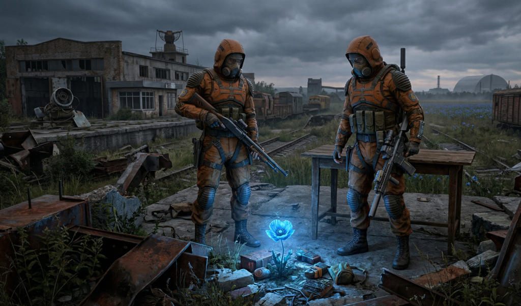 Two orange hazmat soldiers guard glowing flower ruins