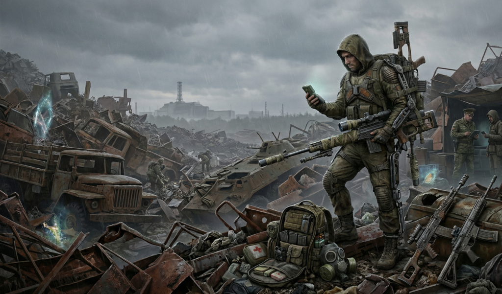 Stalker checks device in scrapyard ruins