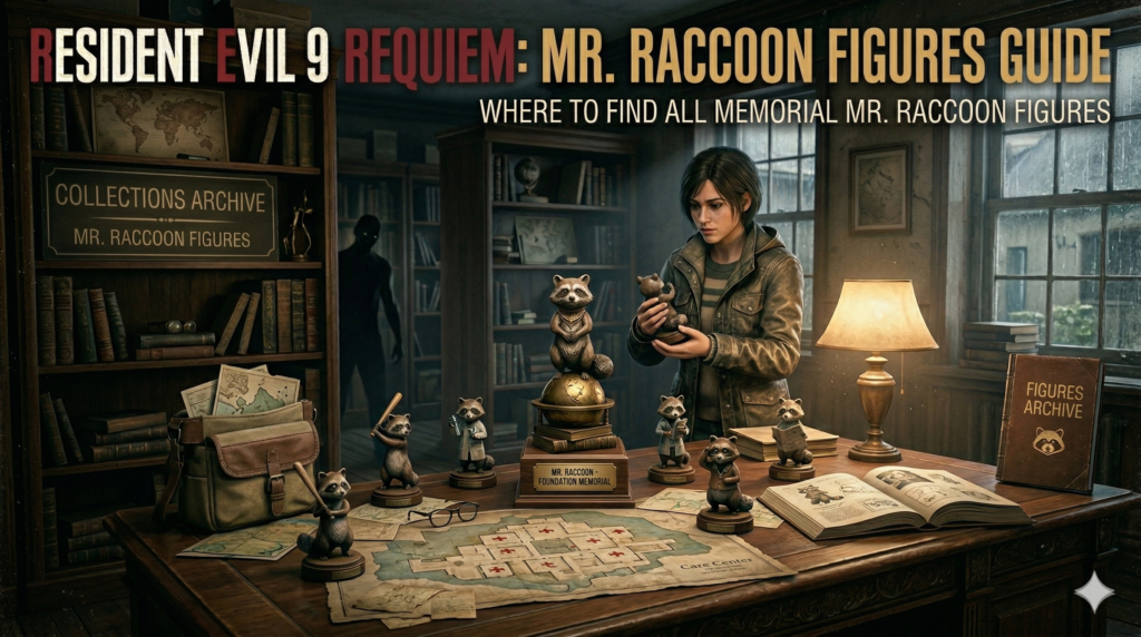 Resident Evil Requiem woman holds Mr. Raccoon figure indoors