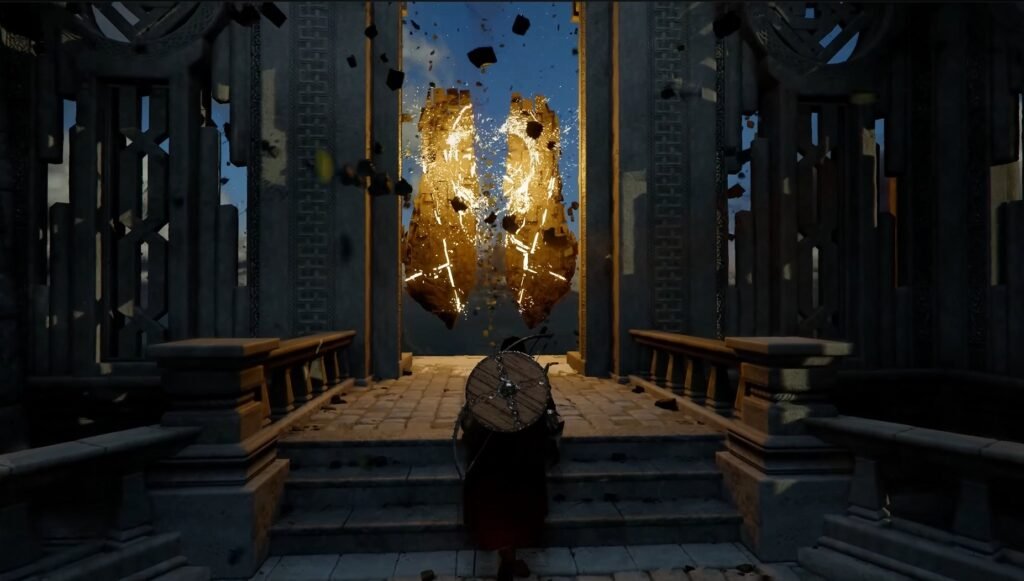 Warrior approaches glowing shattered door in stone corridor