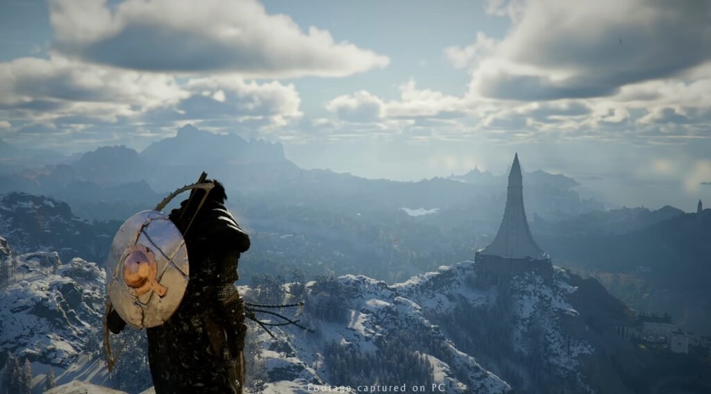 Viking warrior overlooks snowy valley and distant tower