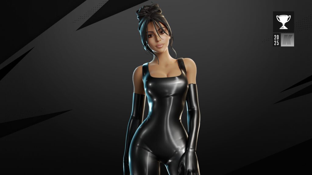 Female character posing in black bodysuit on dark background